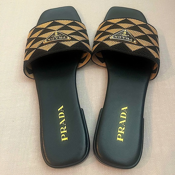 NWOB Prada Women's Embroidered Fabric Slides in Black/Beige - Picture 5 of 14